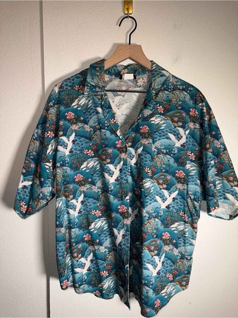 VINTAGE CARIBOU NEW YORK Japanese Crane print cotton short sleeve button up XL